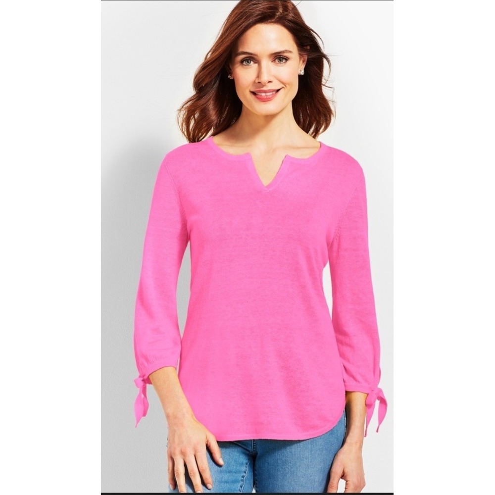 Talbots Hamptons Split Neck Linen Sweater‎ 3/4 Tie Sleeves Round Hem Size L Pink
